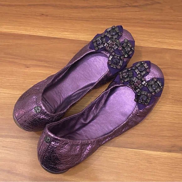 TORY BURCH Azalea Jeweled Bow Metallic Purple Ballerina Ballet Flats Size 8.5M - Picture 13 of 16